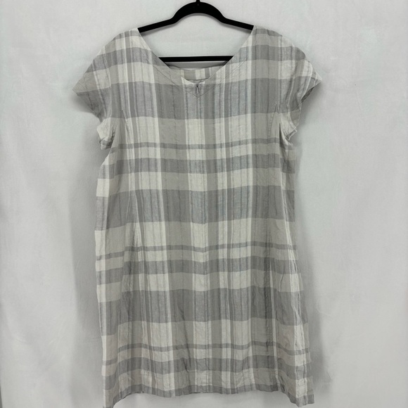 Eileen Fisher Women’s Large Cream Gray Plaid Linen Pockets Mini Dress Sheath - Picture 2 of 10